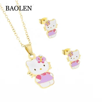 316L Stainless Steel Gold Chain kids pink Kitty Necklace Earrings Set Cartoon Enamel Children Jewelry set