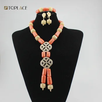 Top quality crystal necklace jewelry sets coral gold beads African jewelry set