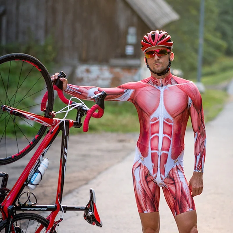 Men's Cycling Long Bib Pants Cycle Jersey Long Sleeve Cycling Wear Kit Skeleton 