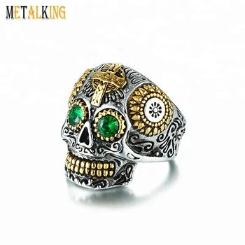 Men's Stainless Steel Silver Gold Gothic Cross Biker Sugar Skull Ring Green Eye Vintage Flower Carved Halloween