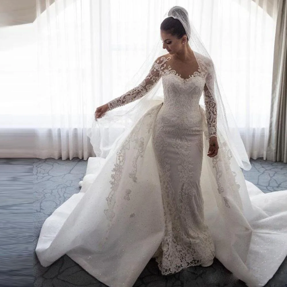 Muslim Wedding Dress Arab Saudi Arabia Removable Train Mermaid Bridal Gown 