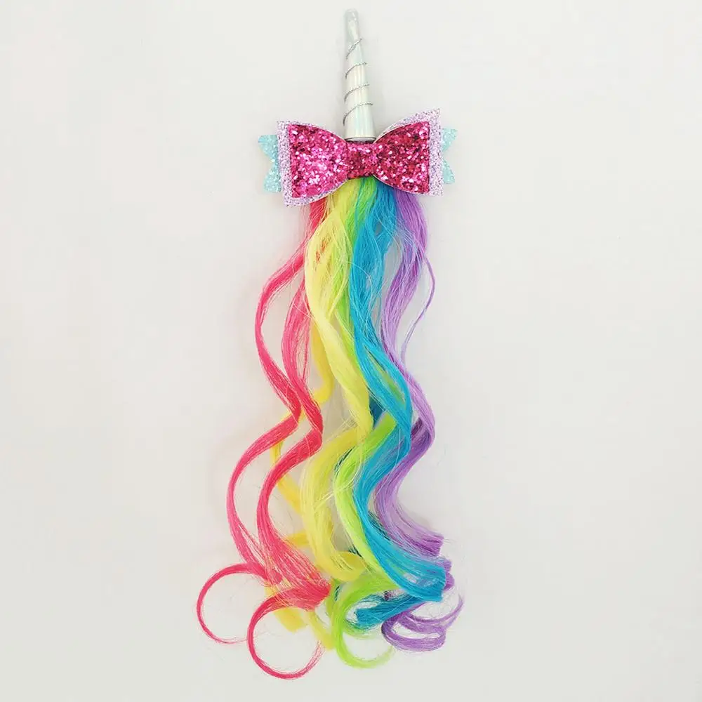 Colorful Unicorn Hair Extensions with Bow Clips 2 Pack 