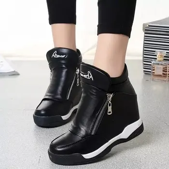 Fashion Black Leather Hidden Wedge Sneakers High Heel Women Shoes With Zip
