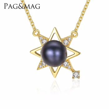 PAG&MAG Korean Bling Bling Crystal Star Shape Silver Pendant Mounting Black Natural Pearl Necklace For Women Banquet Jewelry