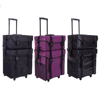 yaeshii Rolling Trolley 2 in 1 Travel Cosmetic Train Cases Wheels Nylon Makeup Case for Professional Make Up Artist