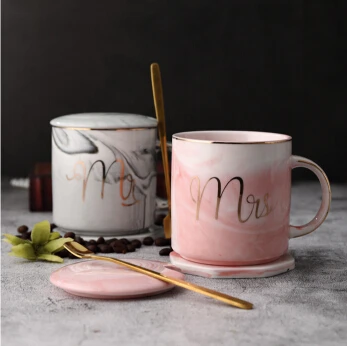 Mr and Mrs Couples Ceramic Coffee Mug Set Unique Wedding Gift For Bride and Groom with lids and coasters.