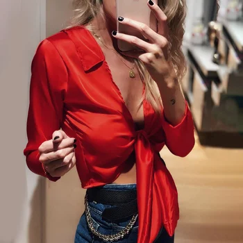 Satin Silk Blouse Women Elegant Red Black Long Sleeve Cropped Top Office Lady Solid Blouse Autumn Sexy Streetwear Tops