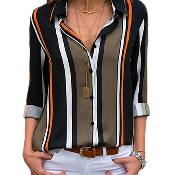 Womens Casual V Neck Striped Button Down Long Sleeve Shirts Chiffon Blouses Tops