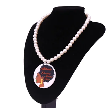 HUSURU new arrive authentic educated natural royal wood pendant with black girl greek letter sorority pearl necklace wholesale