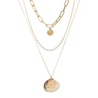 Pearl Necklace With Multi Layer Fresh Water Pearl Necklace 14K Gold Jewelry Wholesale With Round Disc Pendant