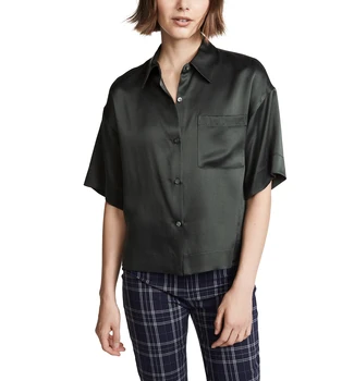 Fashionable black satin silk PJ buttondown shirt Women drop shoulder loose plain blouse top streetwear