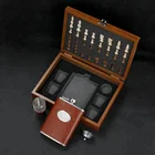 Set Flask Gift Set Wooden Chess Gift Box 8OZ Brown Leather Stainless Steel Hip Flask Set With Funnel And 4 Cups