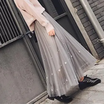 LM3822Q summer mesh pleated skirts women pearl tutu skirts perspective long Puff Skirt