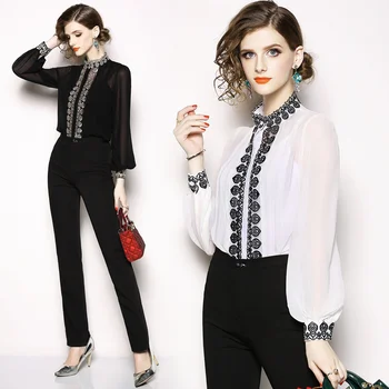 arrivals new fashion high-end customized long sleeves hollow out white embroidered two piece set ladies tops and blouses
