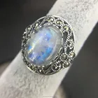 Silver Gemstone Silver Vintage Women 925 Silver Moonstone With Blue Light Gemstone Ring Engagement Bridal Jewelry