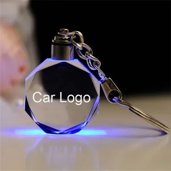 Custom 3D Laser Engraving Crystal Car Logo Keyring Wholesale Crystal Glass Led Light Keychain For Giveaways