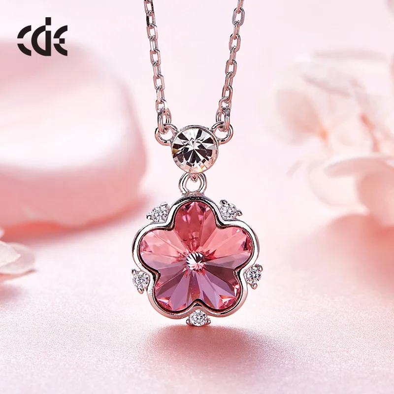 CDE YN0758 Wholesale Crystal Jewelry 925 Sterling Silver Necklace Rhodium Plated Joyas De Plata Pink Flower Necklace For Women