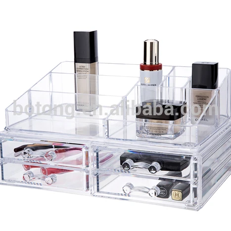 PS Acrylic large makeup and jewelry organizer 4 drawers cosmetic storage display boxes two pieces set Stackable Desktop Stand