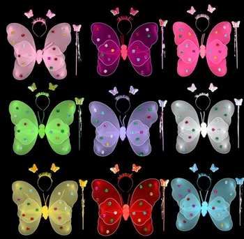 Wholesale Kids Halloween Performance Costume Girls Fairy LED Butterfly Wings With Headband And Skirt