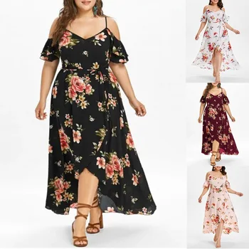 Summer Long Printed Big Size Dress for Fat Women Off Shoulder Floral Plus Size Dress