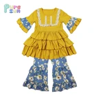 Tops Hot Sale 2 Pcs Yellow Lace Tops Bottoms Kids Clothes Wholesale Children Girls Ruffle Boutique Outfits