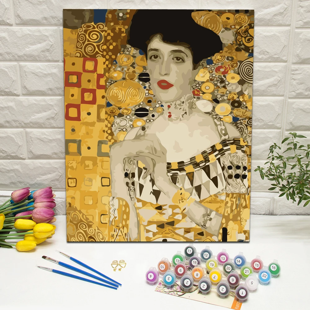 brushes Painting by Numbers Kit Gustav Klimt Portrait of Adele Bloch Bauer with paint canvas and wooden frame included