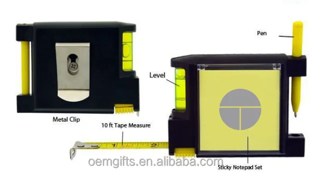 Portable Multi-Function Plastic Tape Measure with Level and Memo Pad Holder