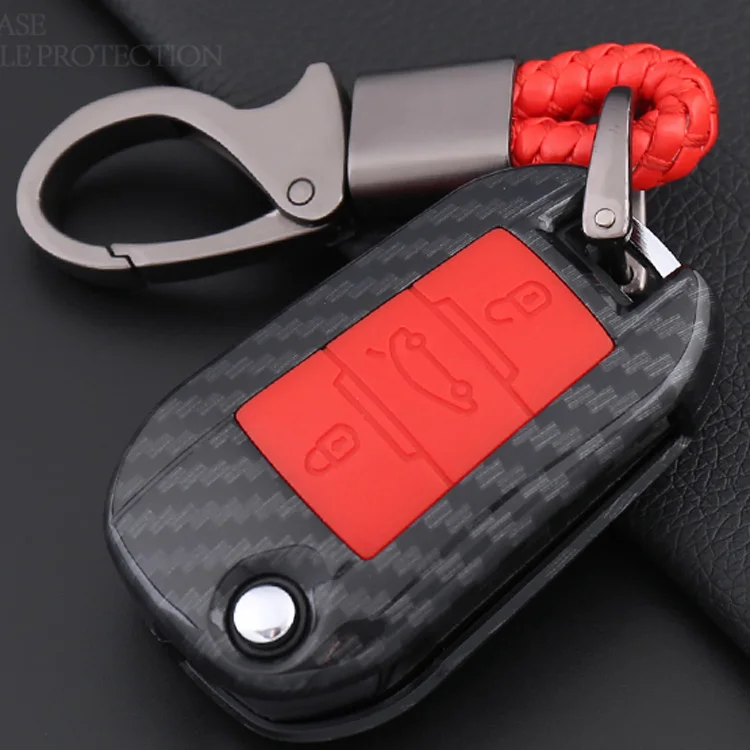Carbon Fiber Shell Black Silicone Protector Remote Key Holder For Peugeot 3008 