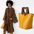 Hand Bag Women Hand Bags Handbags Custom Smooth Leather Wooden Handle Ladies Hand Bag Women Bucket Handbag