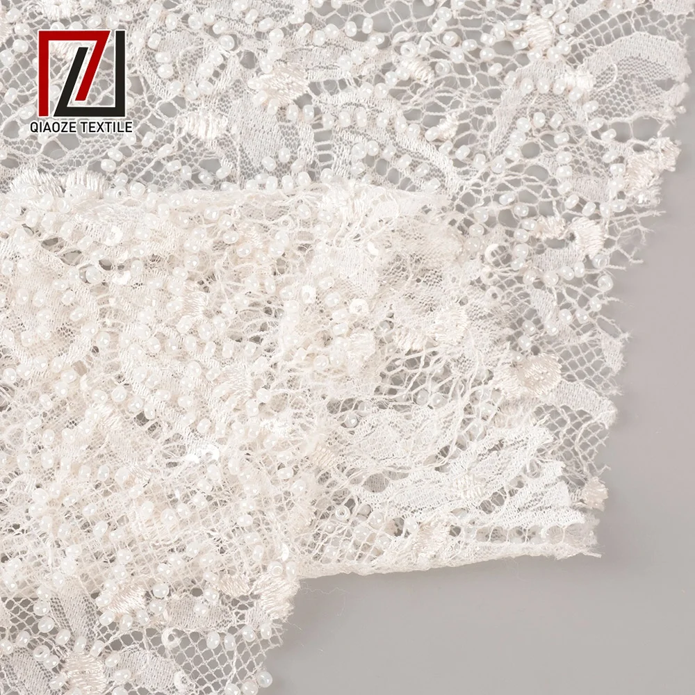 White beaded lace fabric Clearance