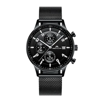 MEGALITH New Mesh Men'S Watch Chronograph Gym Hot Sale Sport Timer Wristwatch Waterproof Gift Date Watches Black Military Montre