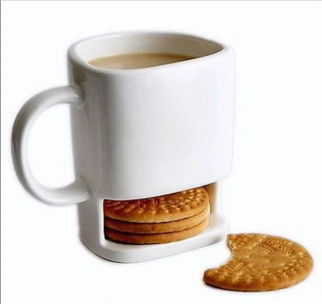 Z455 Custom Logo 250ML Ceramic Biscuits Mugs White Coffee Tea Milk Dessert Cup Side Cookie Pockets Mug