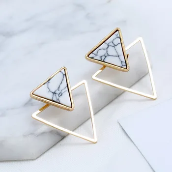Gold Plate Hollow Double Triangle Geometric Resin Earrings Marble Triangle Acrylic Stud Earrings