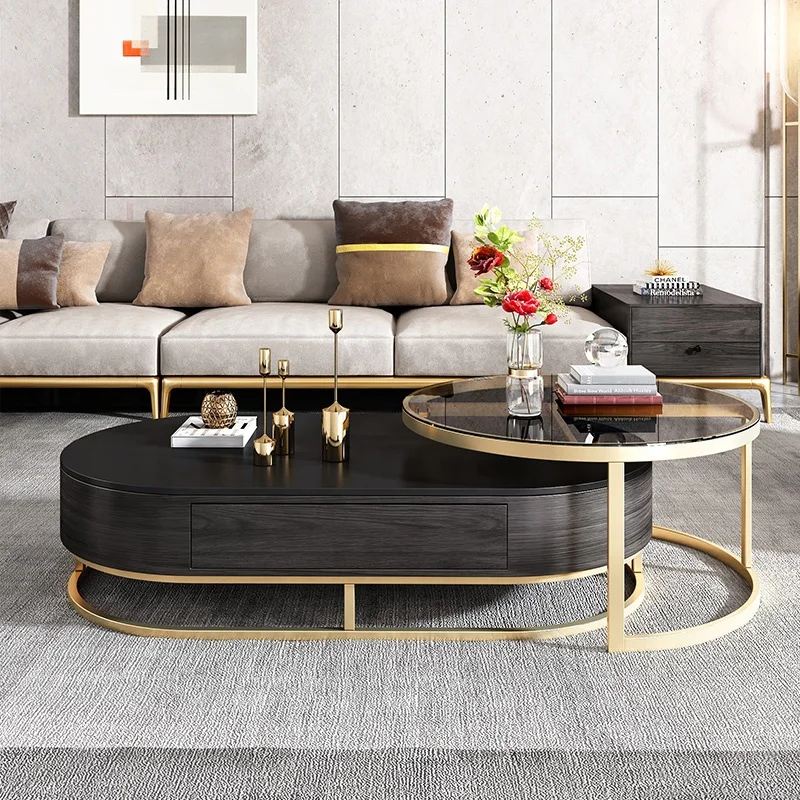Luxury Modern nordic Adjustable Black Oval Glass wooden table tea Coffee Table For Living Room Furniture