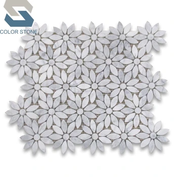 Modern home decoration carrara marble waterjet mosaic flower tile for bathroom remodel
