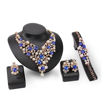 Women 4 Pcs Fashion Jewelry Sets African Luxury Saudi Gold Plated Dubai Crystal Multi Pearl Wedding Gift Bridal Jewelry Set