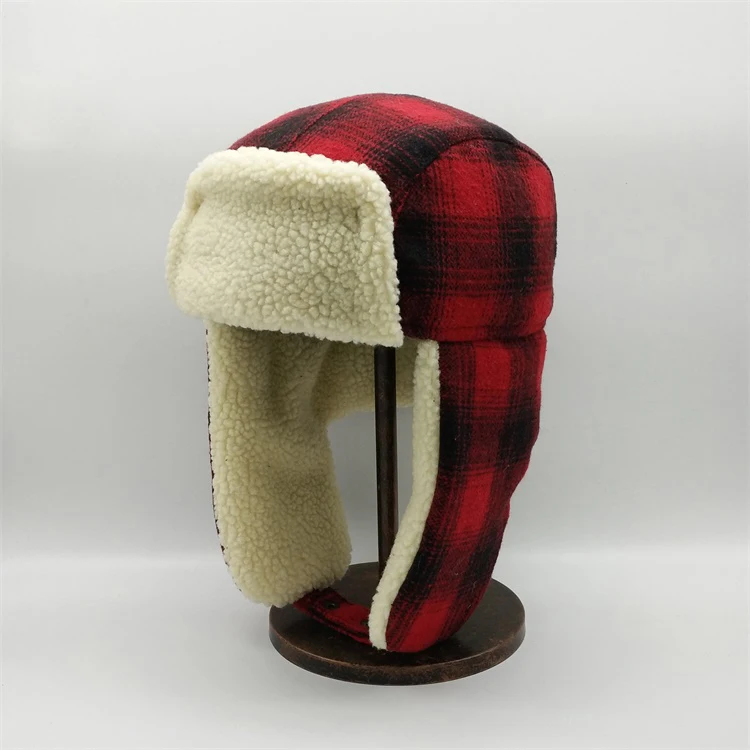 red plaid bomber hat