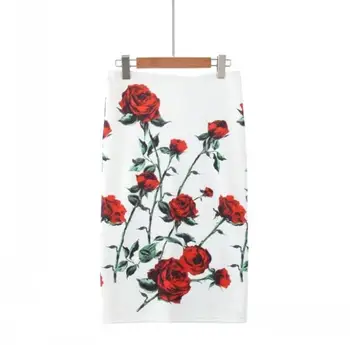 New Red Rose Flower Print Summer Women Pencil Skirts Lady Midi Female Black Faldas Girls Slim Bottoms S-2XL
