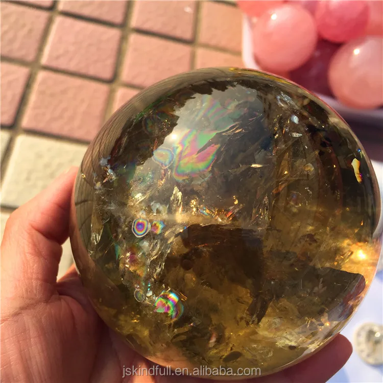 natural citrine quartz crystal healing ball with rainbow for