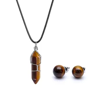 Big Promotion Tiger Eye Natural Stone Bullet Necklace Earrings Jewelry Set