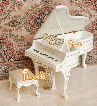 iland miniatures Doll's House Music Instrument Mini White Grand Piano with Bench JE0041
