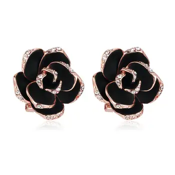 Top Quality Crystal Black Rose Stud Earring Rose Gold Color For Women Girl Birthday Party Fashion Jewelry Wholesale E660