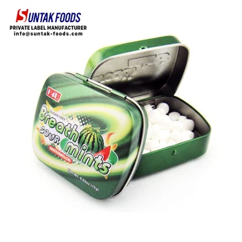 Private Label Confectionery Xylitol Mint Candy with Watermelon Flavor in Tin Can