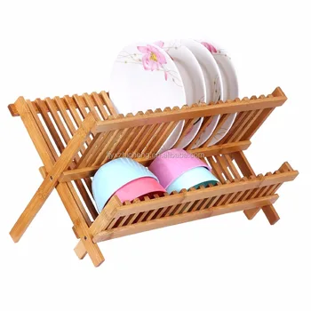 Totally Bamboo Folding Dish Drying Rack for Kitchen Countertop Wooden Dish Drainer 2 Tiers