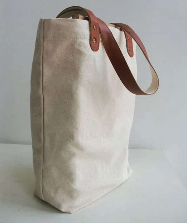cotton canvas bag with brown leather handles