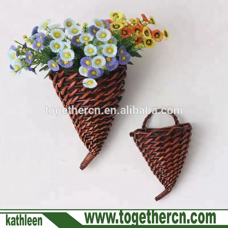 country rattan horn shape flower wall hanging wicker basket