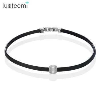 LUOTEEMI Geometric Zircon Charm Beads With Black Braid Handmade Leather Chocker Colar Necklace For Women