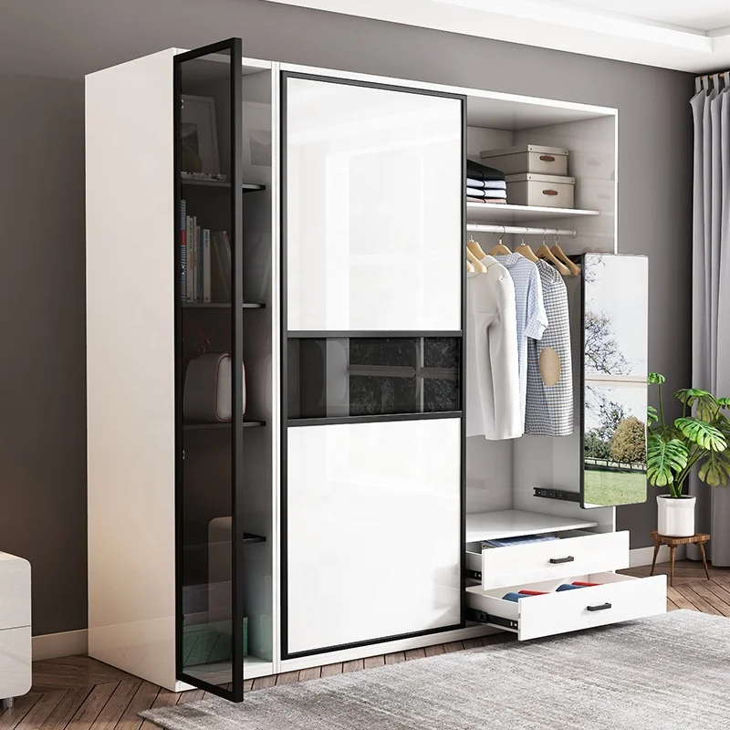 Nordic Style Bedroom Furniture 2 Meters Black and White Glass Wardrobe Storage