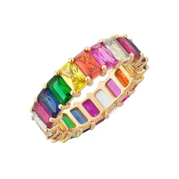 Gemnel new 14k gold plated artificial jewellery rainbow baguette eternity rings