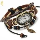 Decorative Leaf Weave Genuine Leather Vintage Alloy Quartz Bracelet Wrist Band Watch Women
